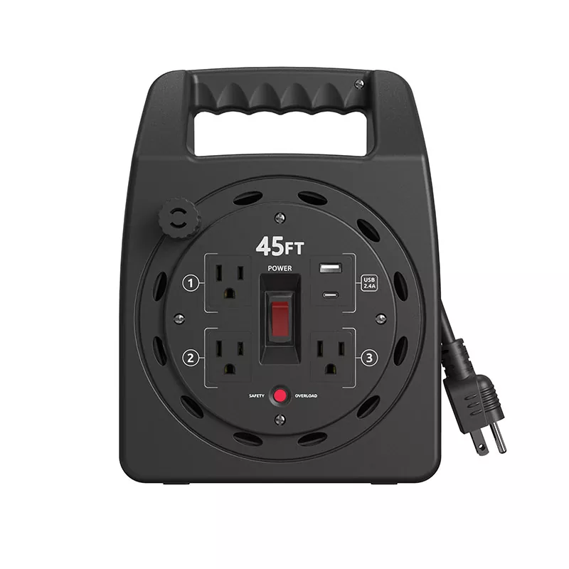 3 Outlet Usb2.4a Plastik Kabel Reel 45ft Kanthi Proteksi kakehan