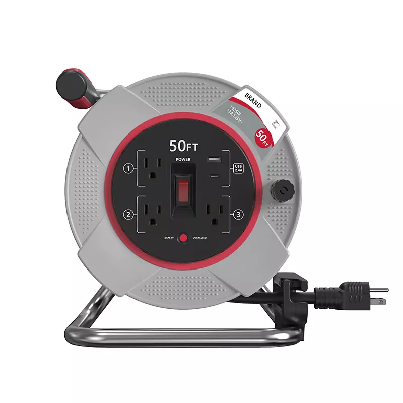 3 Outlet Usb2.4a Plastik Kabel Reel 50ft Kanthi Proteksi kakehan